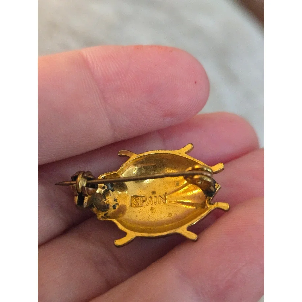 Damascene Green Ladybug Brooch Spain Signed Vintage